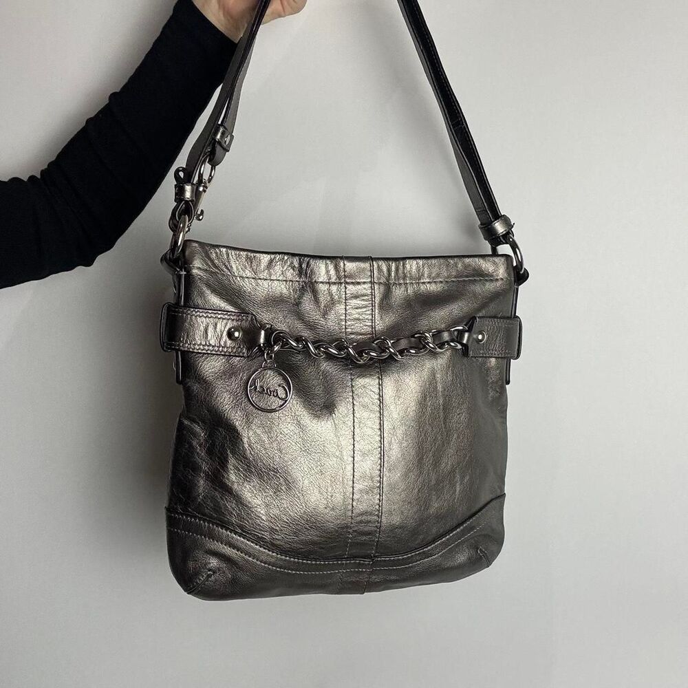 Coach Vintage Y2K Metallic Silver Leather Convertible Crossbody Bag and Shoulder